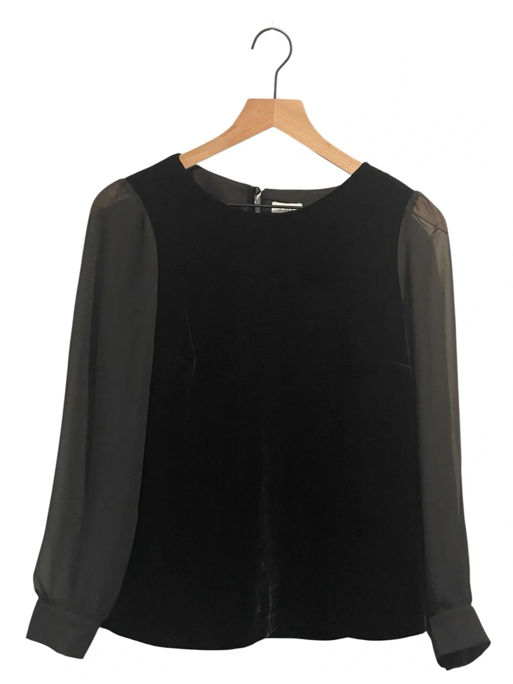 NWT J. Crew Black Velvet Top with Sheer Long Puff Sleeves, Crew Neck, Size XS